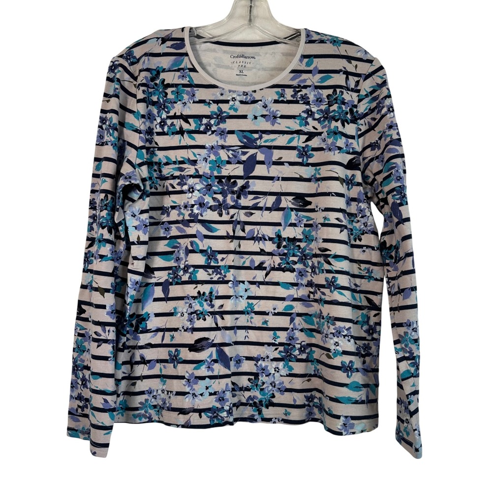 Croft & Barrow Womens XL Blue Floral Striped Long Sleeve Cotton Classic Tee